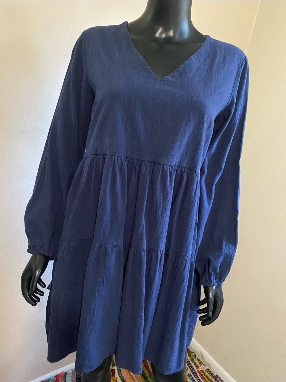 Fancyinn Navy Blue V-Neck Tiered Long-Sleeve Dress